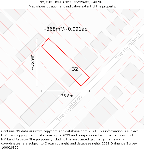 32, THE HIGHLANDS, EDGWARE, HA8 5HL: Plot and title map