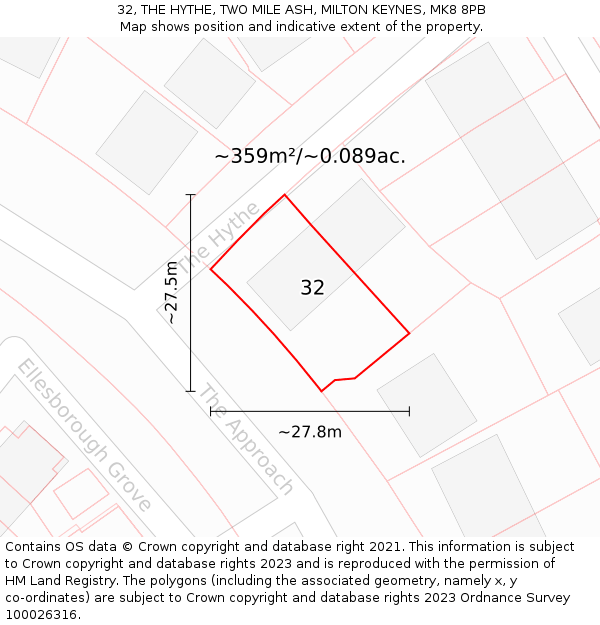 32, THE HYTHE, TWO MILE ASH, MILTON KEYNES, MK8 8PB: Plot and title map