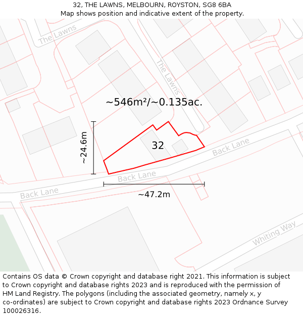 32, THE LAWNS, MELBOURN, ROYSTON, SG8 6BA: Plot and title map