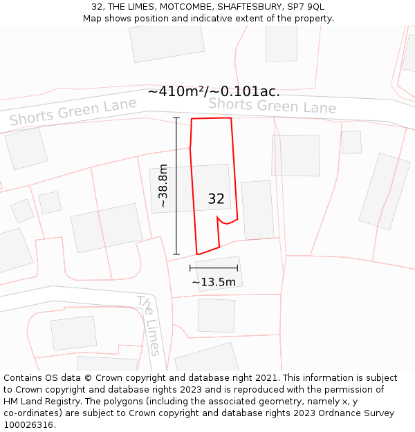 32, THE LIMES, MOTCOMBE, SHAFTESBURY, SP7 9QL: Plot and title map