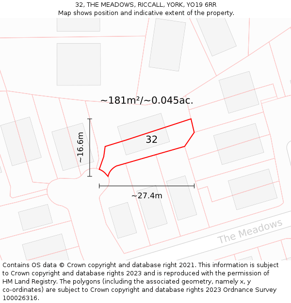 32, THE MEADOWS, RICCALL, YORK, YO19 6RR: Plot and title map