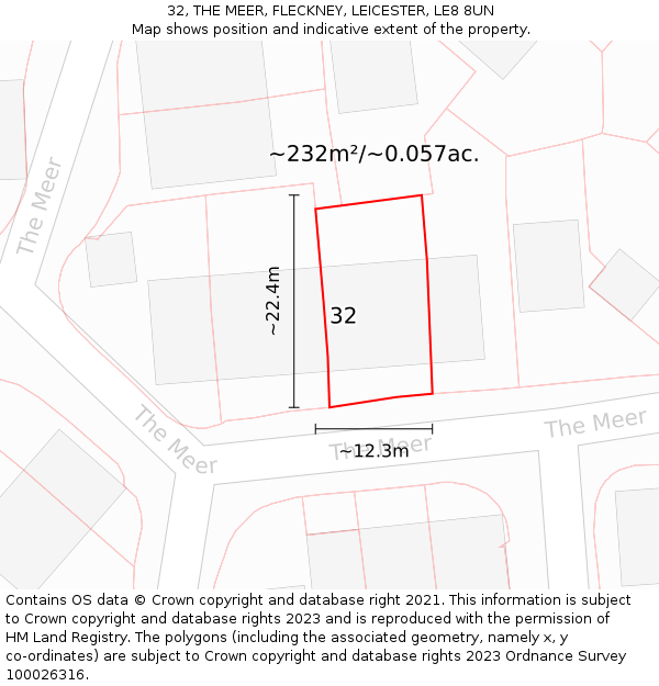32, THE MEER, FLECKNEY, LEICESTER, LE8 8UN: Plot and title map