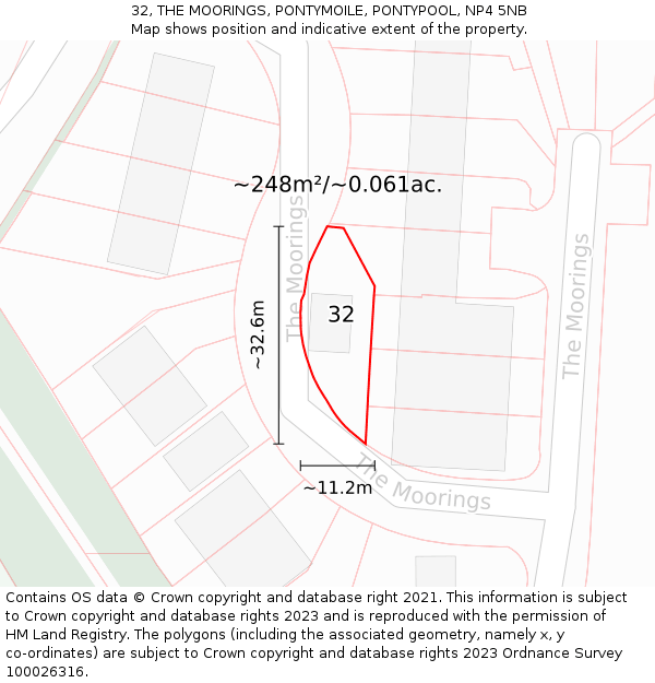 32, THE MOORINGS, PONTYMOILE, PONTYPOOL, NP4 5NB: Plot and title map