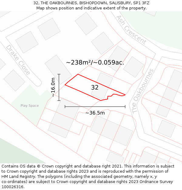 32, THE OAKBOURNES, BISHOPDOWN, SALISBURY, SP1 3FZ: Plot and title map