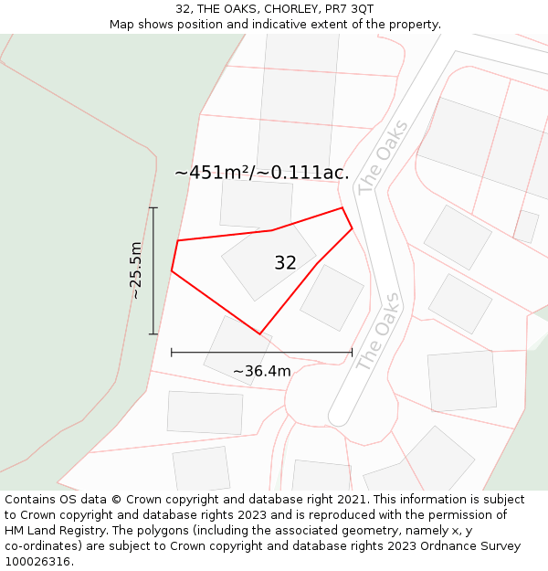 32, THE OAKS, CHORLEY, PR7 3QT: Plot and title map