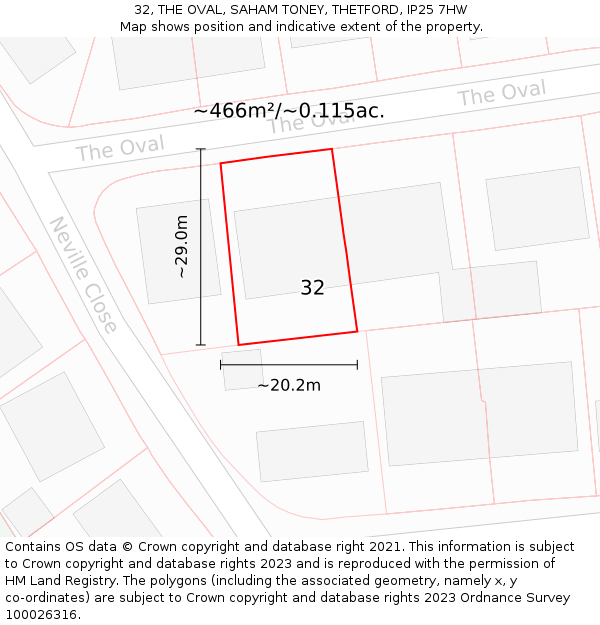 32, THE OVAL, SAHAM TONEY, THETFORD, IP25 7HW: Plot and title map