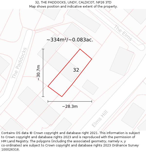 32, THE PADDOCKS, UNDY, CALDICOT, NP26 3TD: Plot and title map