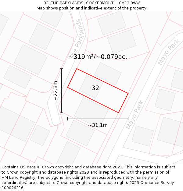 32, THE PARKLANDS, COCKERMOUTH, CA13 0WW: Plot and title map