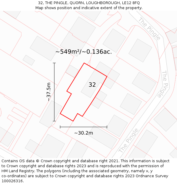 32, THE PINGLE, QUORN, LOUGHBOROUGH, LE12 8FQ: Plot and title map