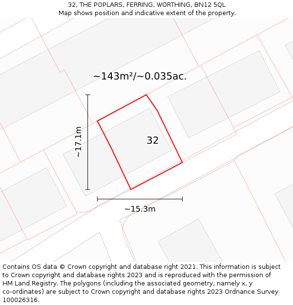 32, THE POPLARS, FERRING, WORTHING, BN12 5QL: Plot and title map