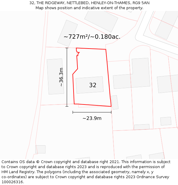 32, THE RIDGEWAY, NETTLEBED, HENLEY-ON-THAMES, RG9 5AN: Plot and title map