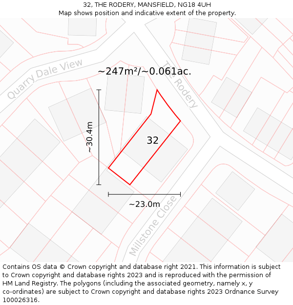 32, THE RODERY, MANSFIELD, NG18 4UH: Plot and title map