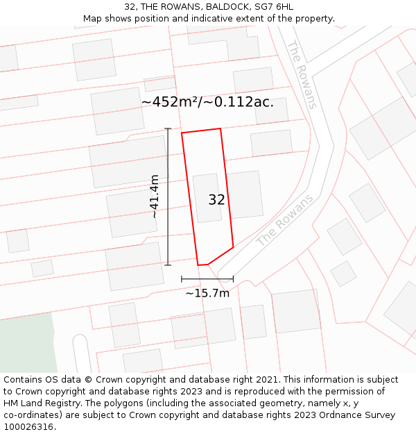 32, THE ROWANS, BALDOCK, SG7 6HL: Plot and title map