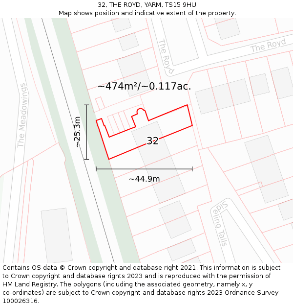 32, THE ROYD, YARM, TS15 9HU: Plot and title map