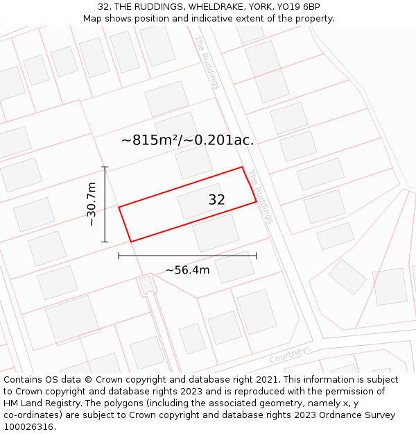 32, THE RUDDINGS, WHELDRAKE, YORK, YO19 6BP: Plot and title map
