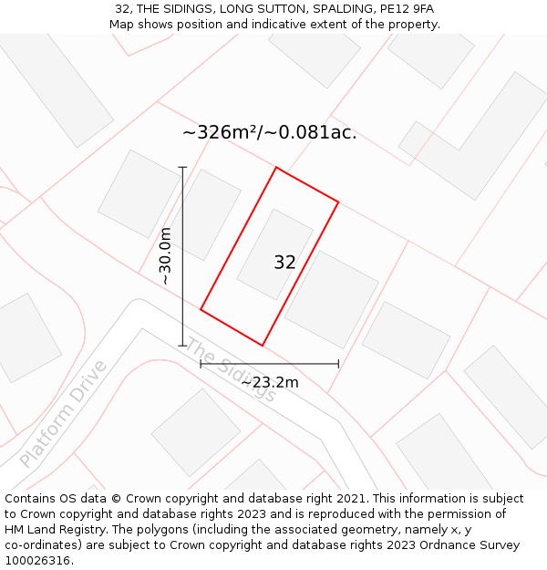 32, THE SIDINGS, LONG SUTTON, SPALDING, PE12 9FA: Plot and title map