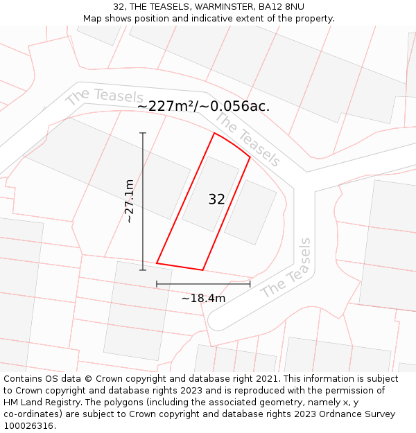 32, THE TEASELS, WARMINSTER, BA12 8NU: Plot and title map