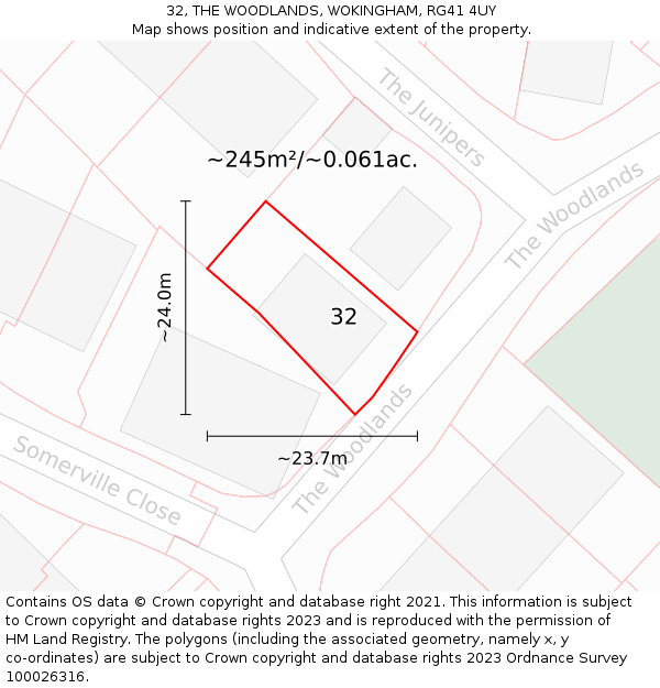 32, THE WOODLANDS, WOKINGHAM, RG41 4UY: Plot and title map
