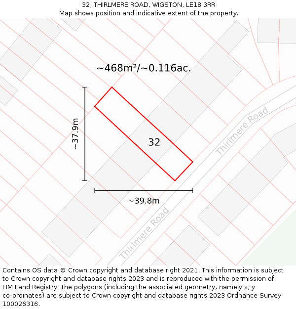32, THIRLMERE ROAD, WIGSTON, LE18 3RR: Plot and title map