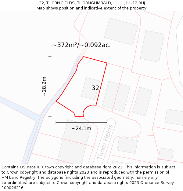 32, THORN FIELDS, THORNGUMBALD, HULL, HU12 9UJ: Plot and title map