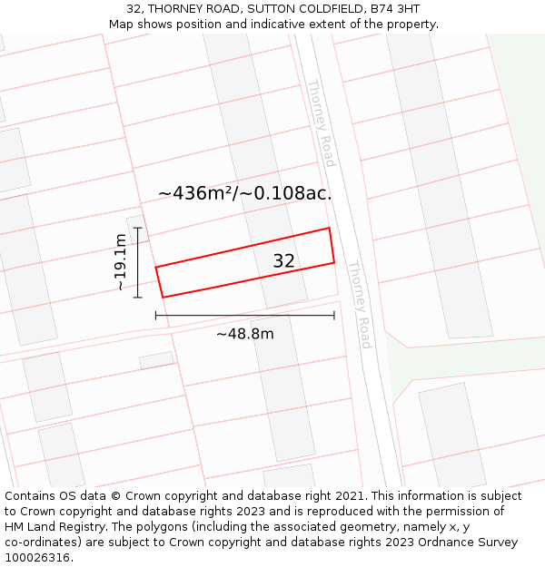 32, THORNEY ROAD, SUTTON COLDFIELD, B74 3HT: Plot and title map