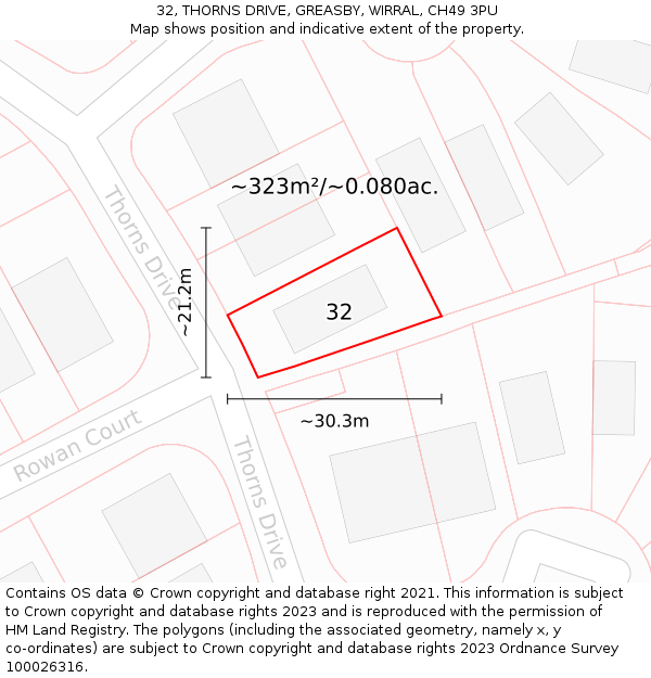 32, THORNS DRIVE, GREASBY, WIRRAL, CH49 3PU: Plot and title map