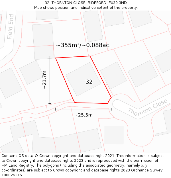 32, THORNTON CLOSE, BIDEFORD, EX39 3ND: Plot and title map