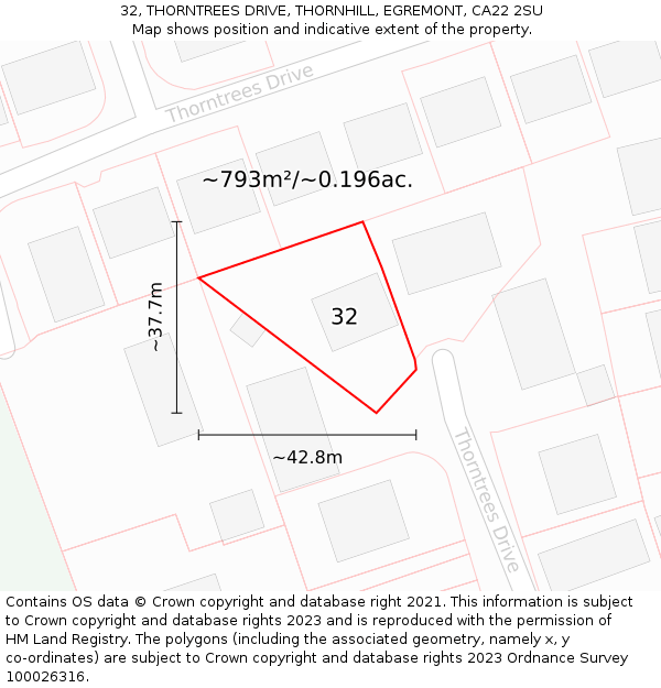 32, THORNTREES DRIVE, THORNHILL, EGREMONT, CA22 2SU: Plot and title map