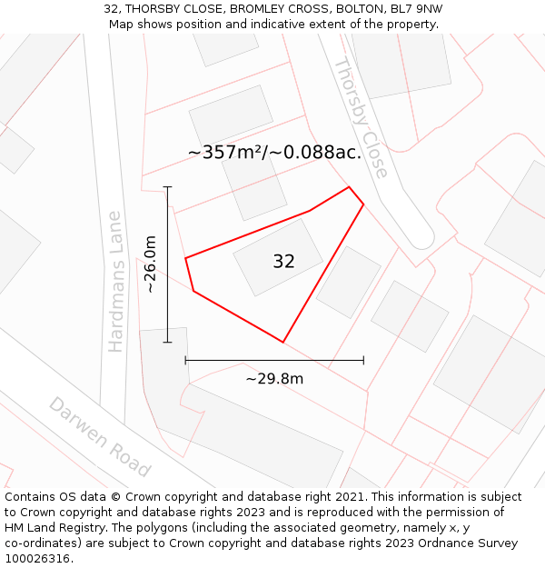 32, THORSBY CLOSE, BROMLEY CROSS, BOLTON, BL7 9NW: Plot and title map