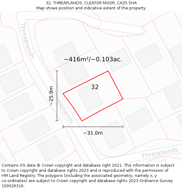 32, THREAPLANDS, CLEATOR MOOR, CA25 5HA: Plot and title map