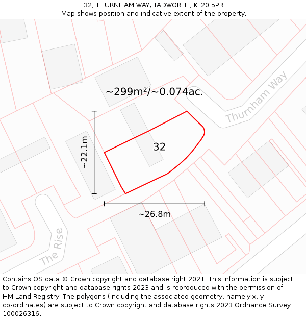 32, THURNHAM WAY, TADWORTH, KT20 5PR: Plot and title map
