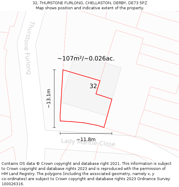 32, THURSTONE FURLONG, CHELLASTON, DERBY, DE73 5PZ: Plot and title map
