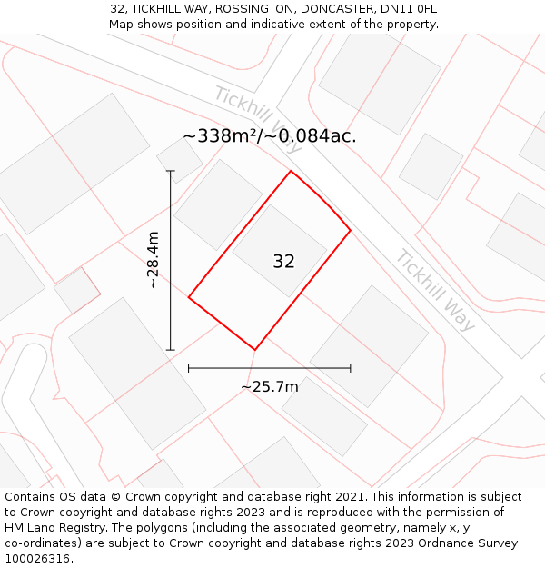 32, TICKHILL WAY, ROSSINGTON, DONCASTER, DN11 0FL: Plot and title map