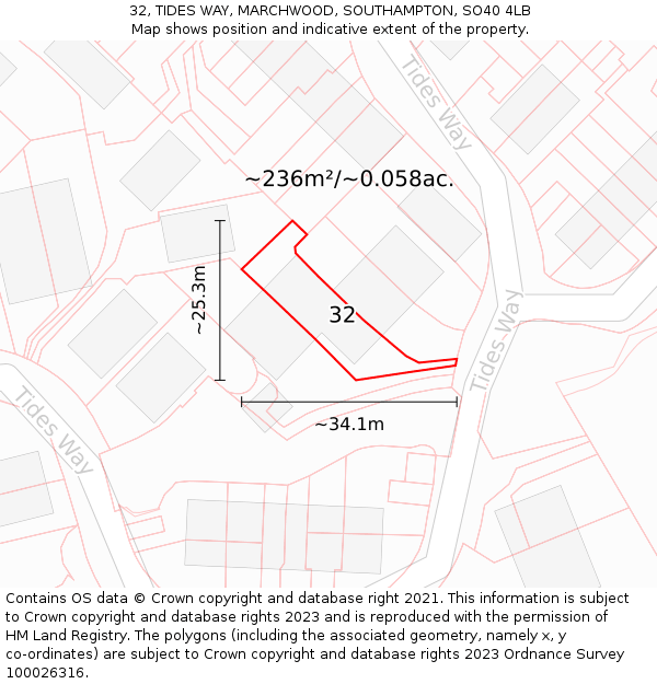 32, TIDES WAY, MARCHWOOD, SOUTHAMPTON, SO40 4LB: Plot and title map