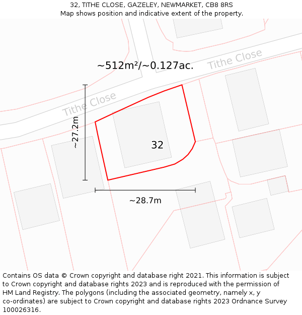 32, TITHE CLOSE, GAZELEY, NEWMARKET, CB8 8RS: Plot and title map
