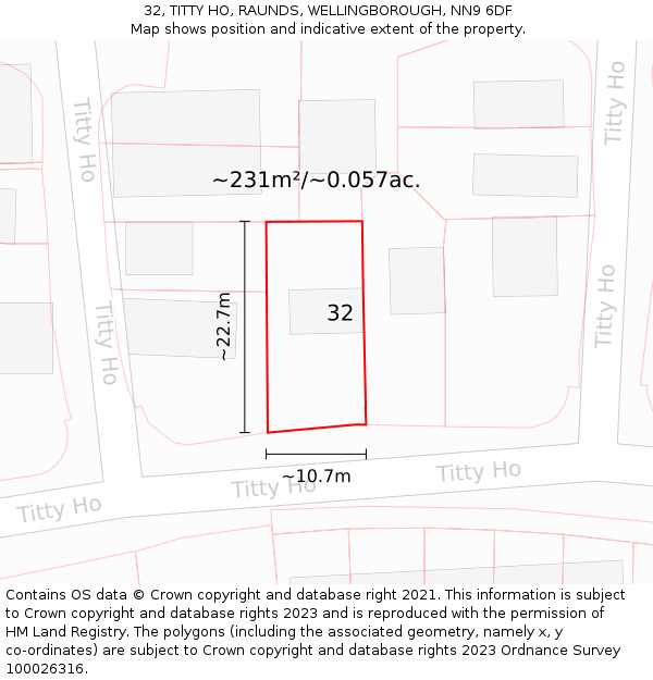 32, TITTY HO, RAUNDS, WELLINGBOROUGH, NN9 6DF: Plot and title map