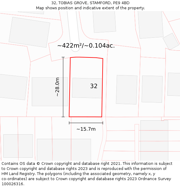 32, TOBIAS GROVE, STAMFORD, PE9 4BD: Plot and title map