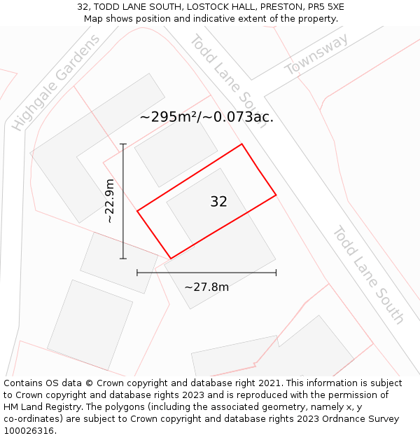 32, TODD LANE SOUTH, LOSTOCK HALL, PRESTON, PR5 5XE: Plot and title map