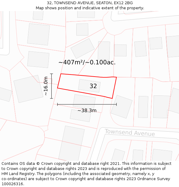 32, TOWNSEND AVENUE, SEATON, EX12 2BG: Plot and title map