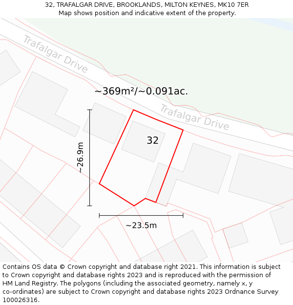 32, TRAFALGAR DRIVE, BROOKLANDS, MILTON KEYNES, MK10 7ER: Plot and title map