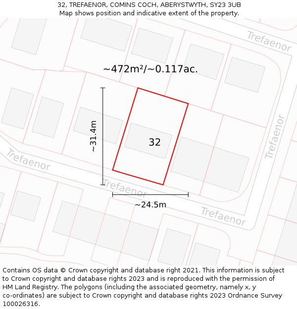 32, TREFAENOR, COMINS COCH, ABERYSTWYTH, SY23 3UB: Plot and title map
