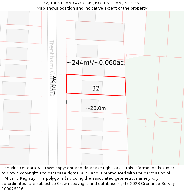 32, TRENTHAM GARDENS, NOTTINGHAM, NG8 3NF: Plot and title map