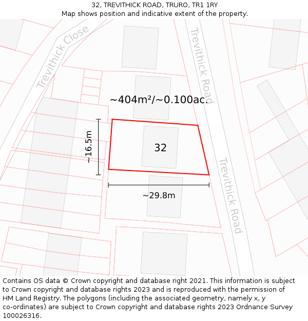 32, TREVITHICK ROAD, TRURO, TR1 1RY: Plot and title map