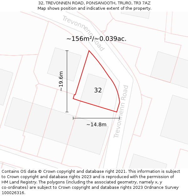 32, TREVONNEN ROAD, PONSANOOTH, TRURO, TR3 7AZ: Plot and title map
