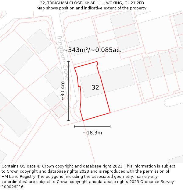 32, TRINGHAM CLOSE, KNAPHILL, WOKING, GU21 2FB: Plot and title map