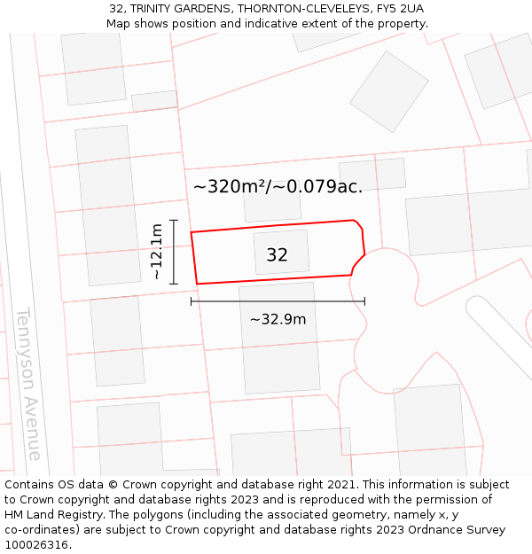 32, TRINITY GARDENS, THORNTON-CLEVELEYS, FY5 2UA: Plot and title map
