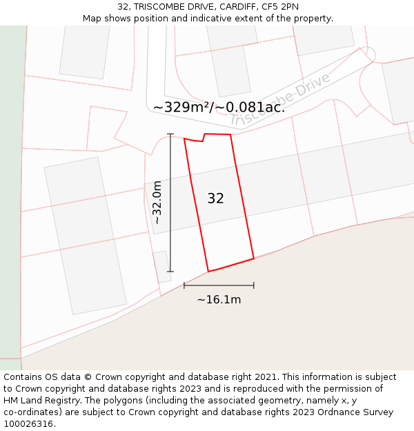 32, TRISCOMBE DRIVE, CARDIFF, CF5 2PN: Plot and title map