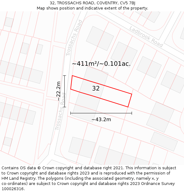32, TROSSACHS ROAD, COVENTRY, CV5 7BJ: Plot and title map