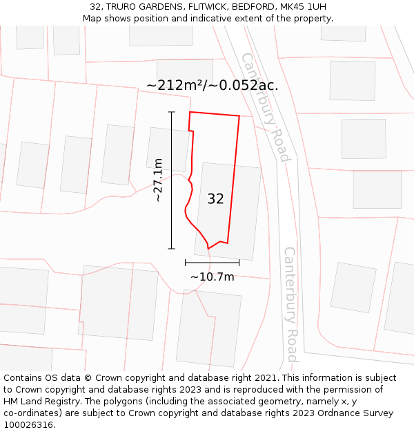 32, TRURO GARDENS, FLITWICK, BEDFORD, MK45 1UH: Plot and title map