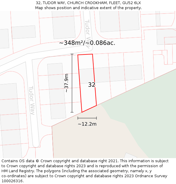 32, TUDOR WAY, CHURCH CROOKHAM, FLEET, GU52 6LX: Plot and title map